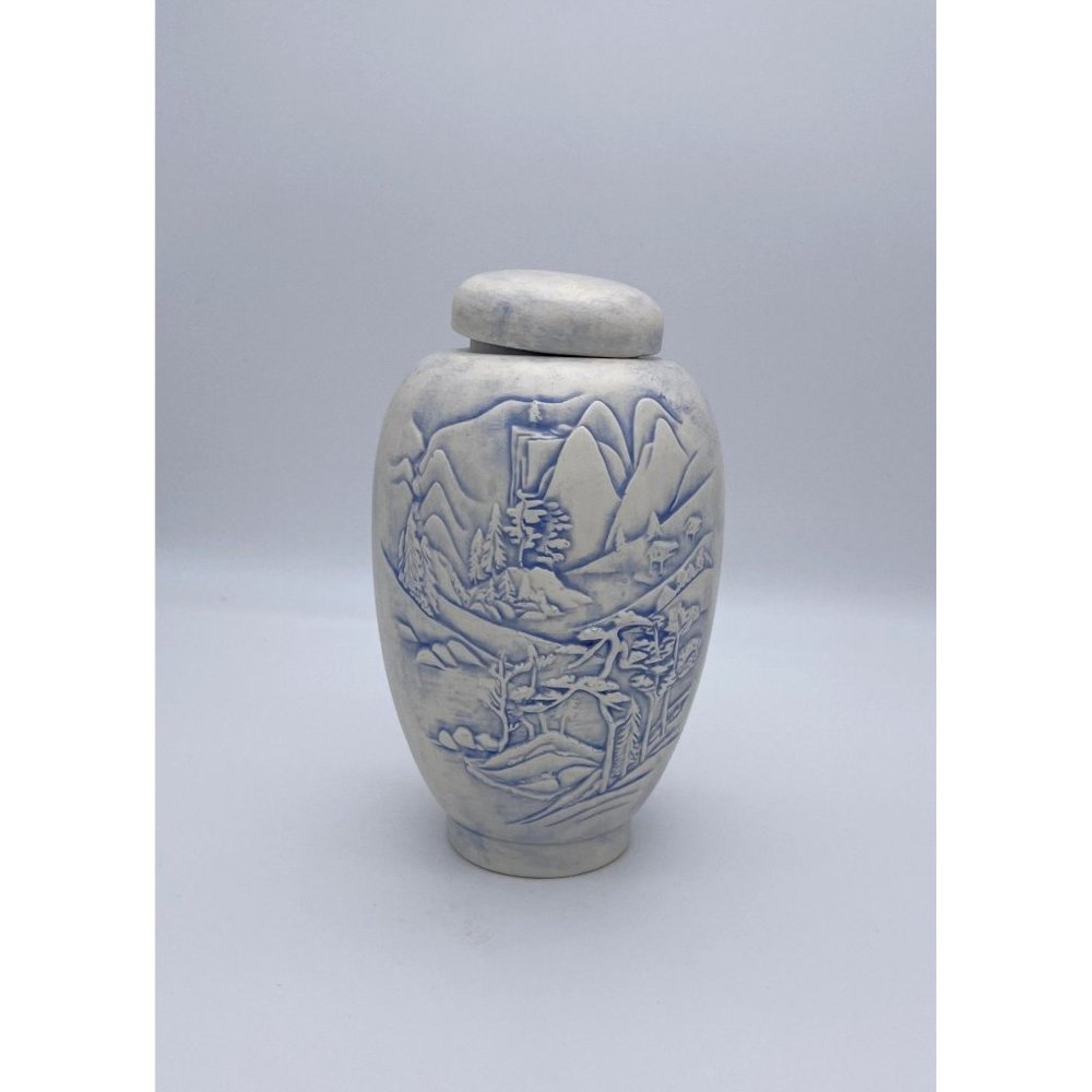 Vintage Ginger Jar Urn Hand Painted Signed Blue White Mountain Scene 1970s